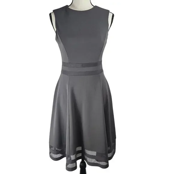 Calvin Klein | Dresses | Calvin Klein Sleeveless Fit Flare Mesh Panel  Ribbon Stripe Gray Midi Dress 2 | Poshmark